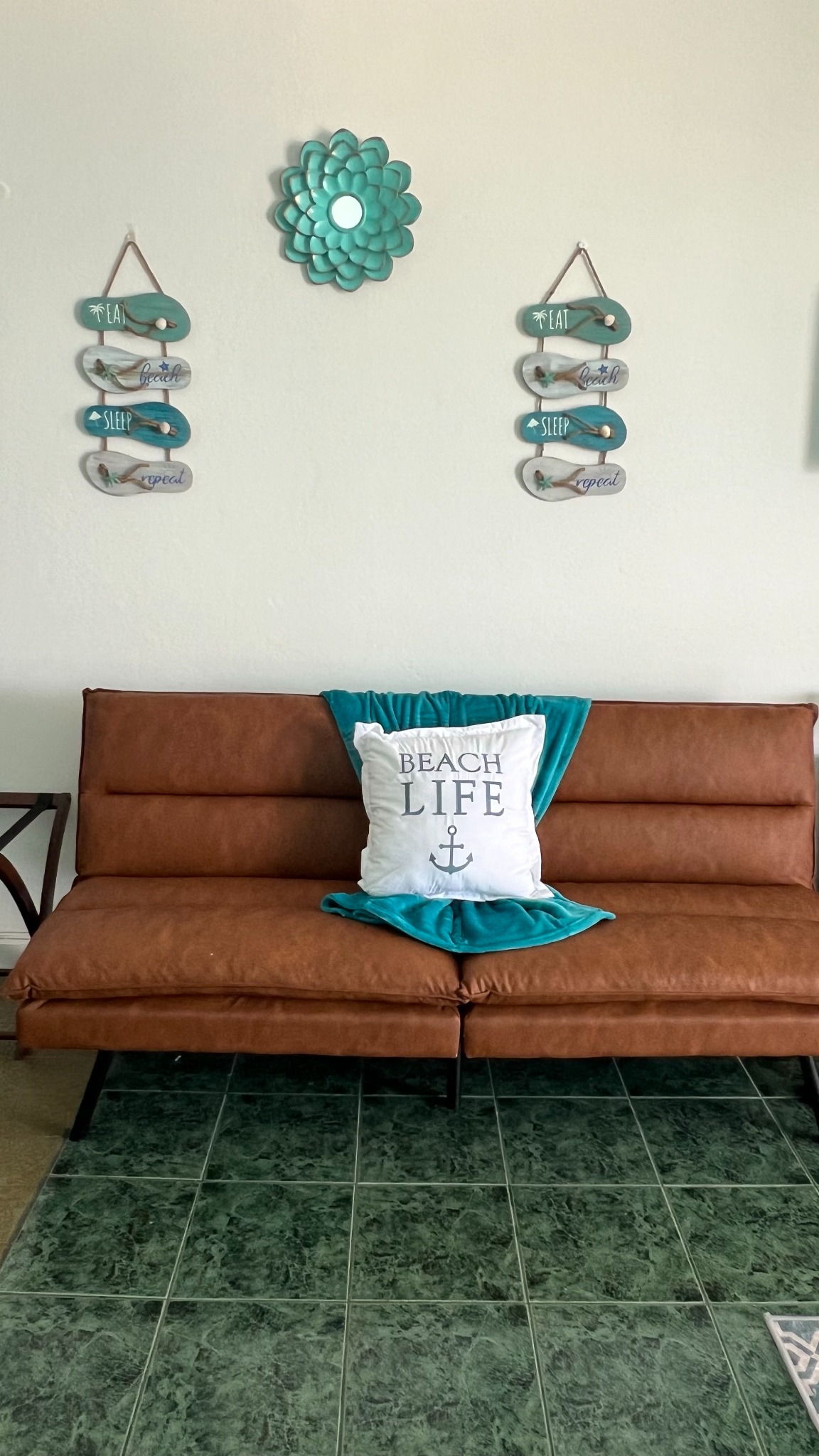 Cozy lounge with tropical teal accents